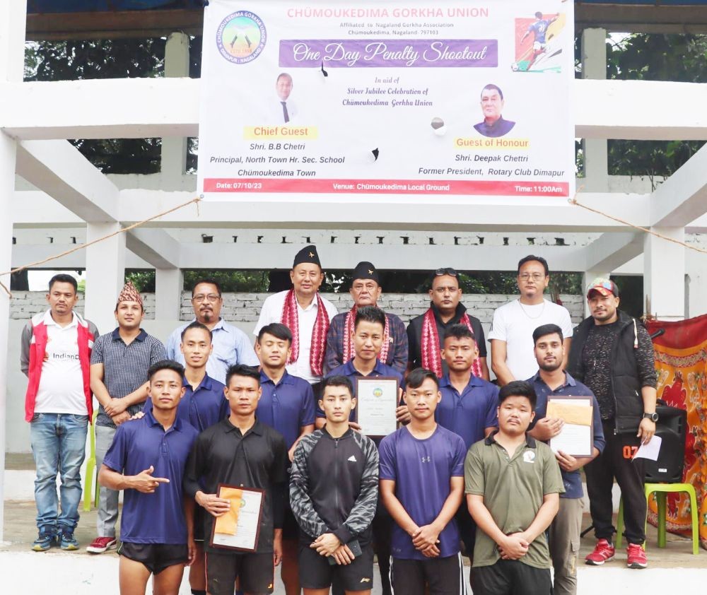 Winner of the CGU open penalty shootout tournament- United Brothers along with chief guest B.B Chetri, guest of honour, Deepak Chettri and organizers on October 7.